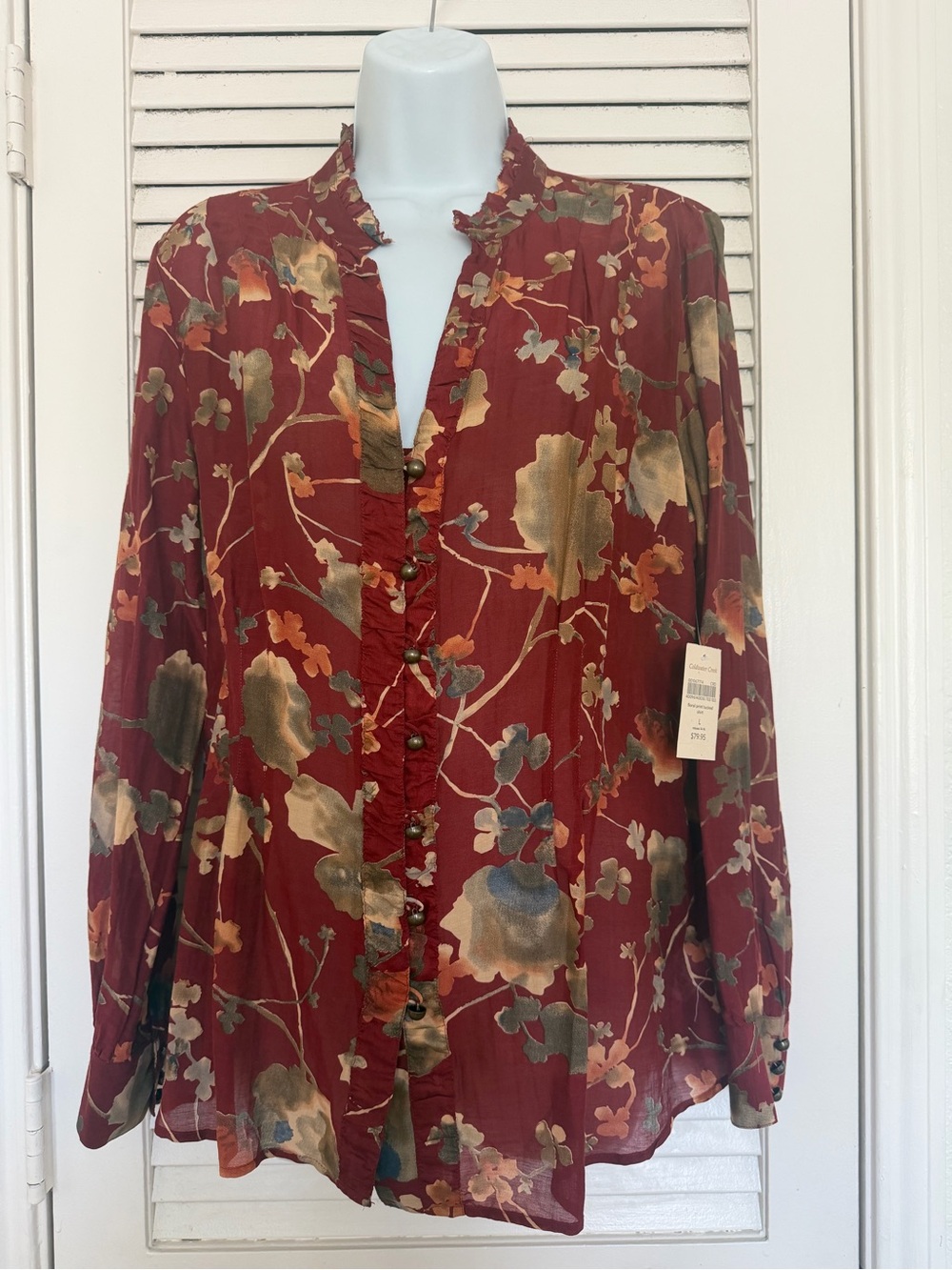 Coldwater Creek Floral Cotton Silk Blouse L 14/16 Cottagecore Boho Ruffle Top